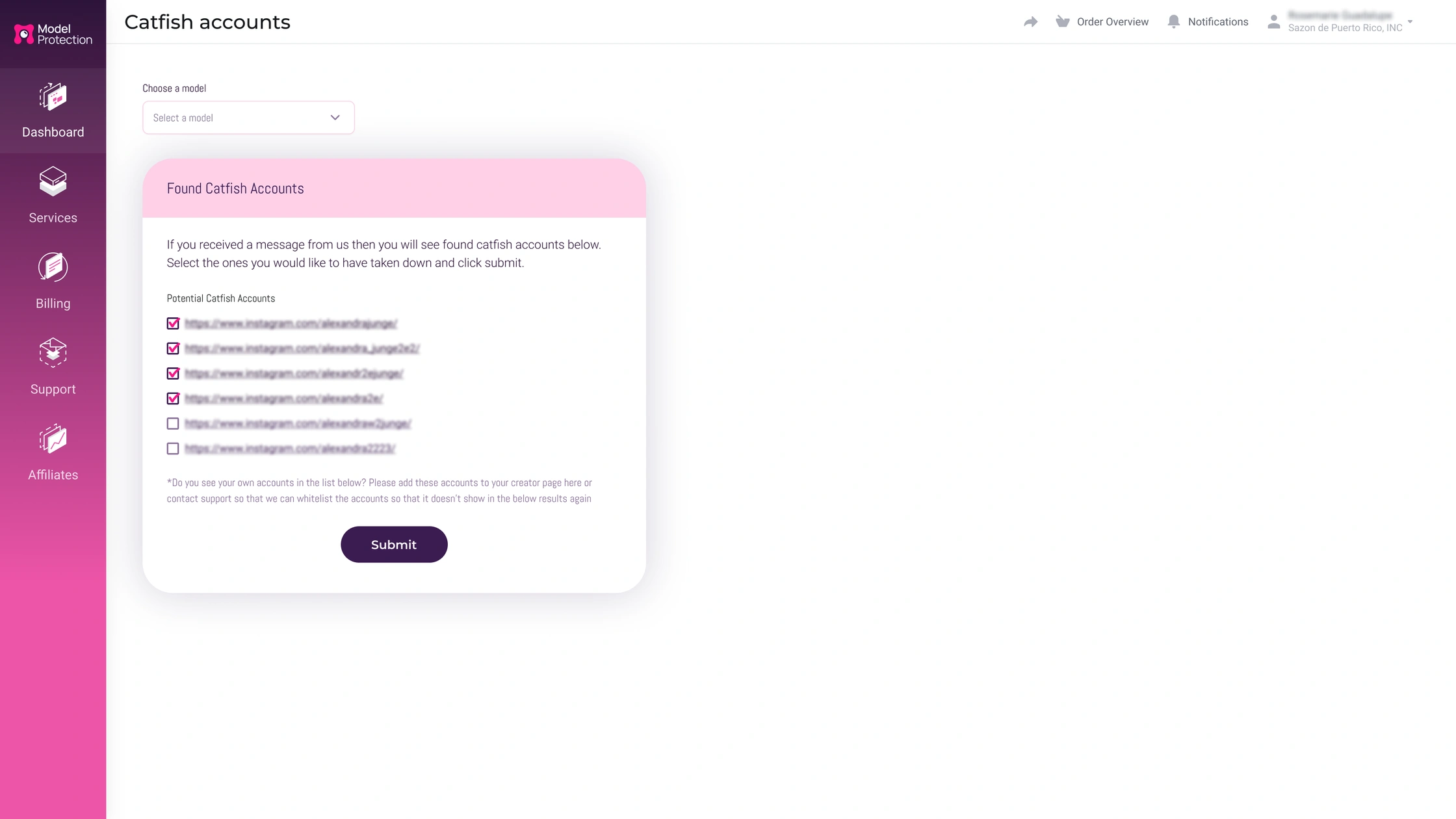 Cam Model Protection dashboard showing the catfish accounts overview