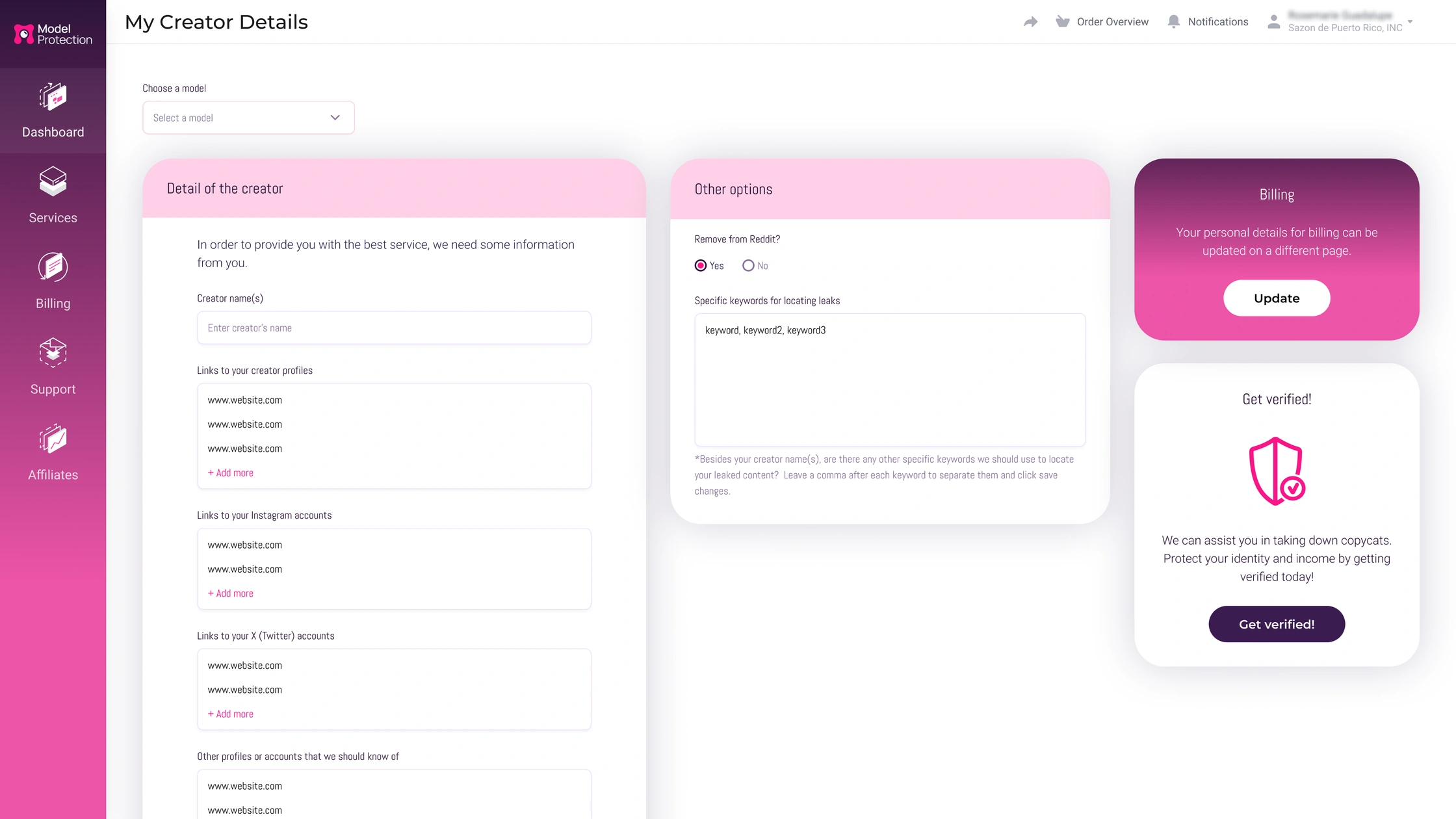 Cam Model Protection dashboard showing the creator details form