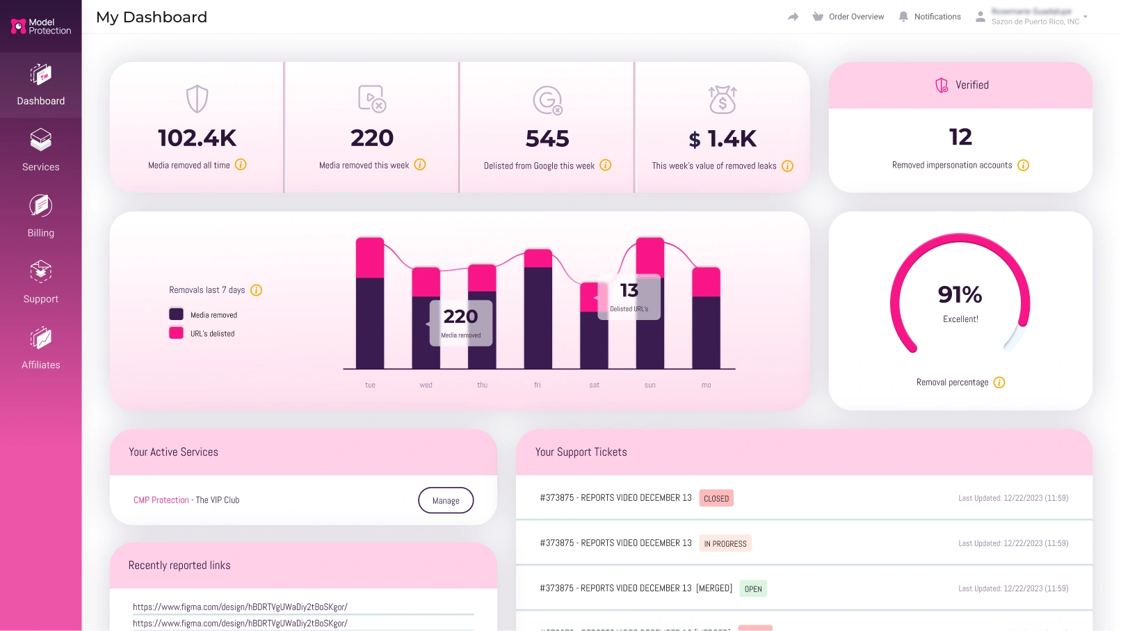 Cam Model Protection dashboard with removal statistics and charts