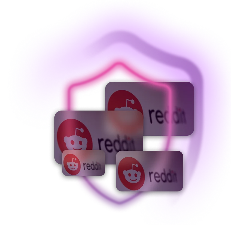 Reddit content tiles inside a pink protective shield