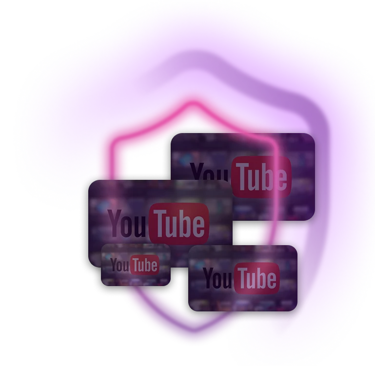 YouTube content tiles inside a pink protective shield