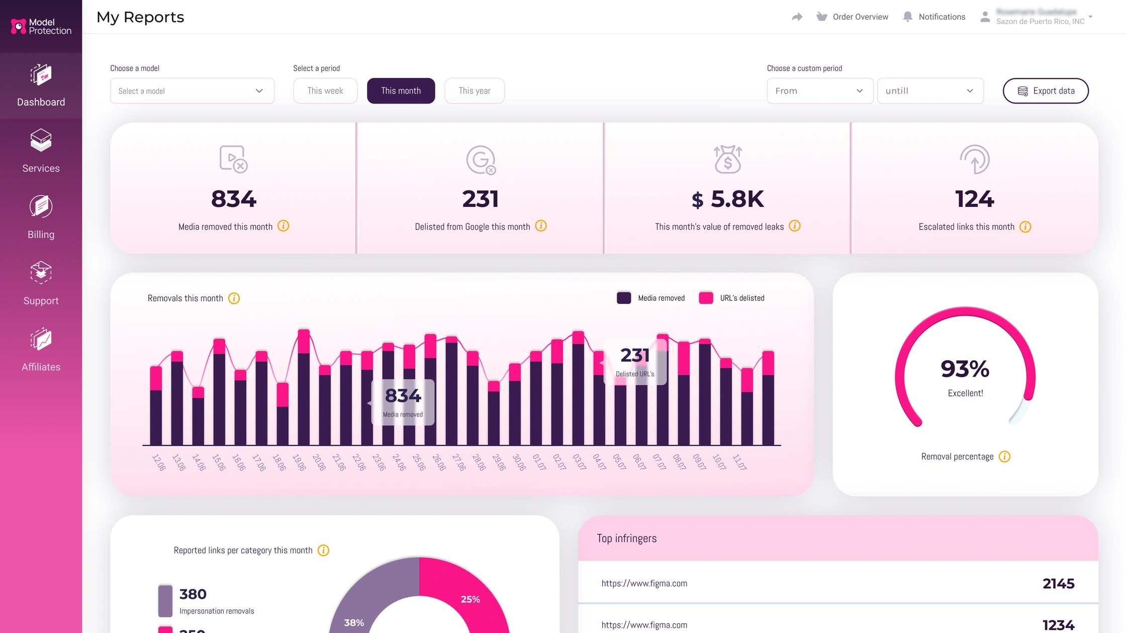 Cam Model Protection reports page with takedown statistics