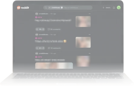 Mockup of a Reddit feed with blurred posts on a laptop