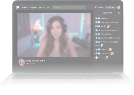 Mockup of a Twitch live stream with chat sidebar on a laptop