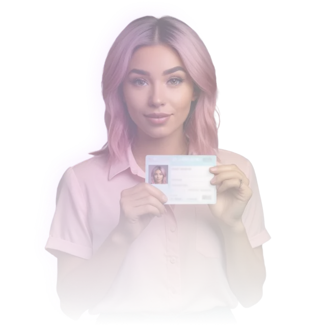 Creator holding up an ID card, faded purple portrait